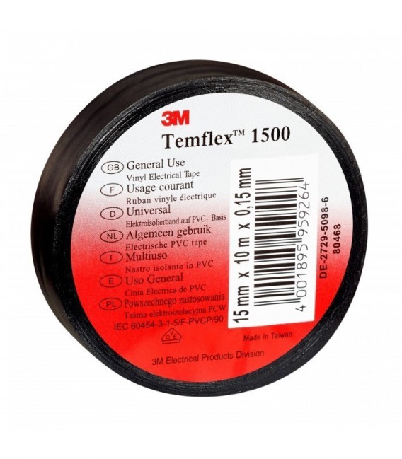 Nastro elettrico in PVC 3M  Temflex  1500 Nero - Misure 15mm x 25m