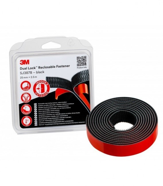 Sistema di fissaggio richiudibile 3M™ Dual Lock™ SJ387B, Nero 25 mm x 2.5 m, 6.1 mm, Blister