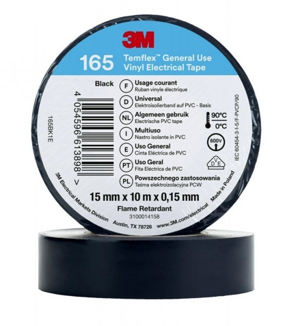 3M  Temflex 165 Vinyl insulating tape, Black, 15 mm x 10 m
