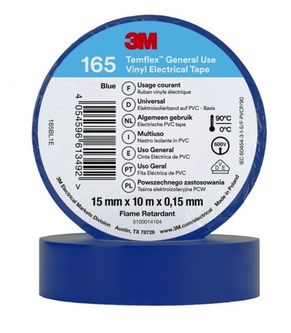 3M  Temflex 165 Vinyl insulating tape, Blue, 15 mm x 10 m