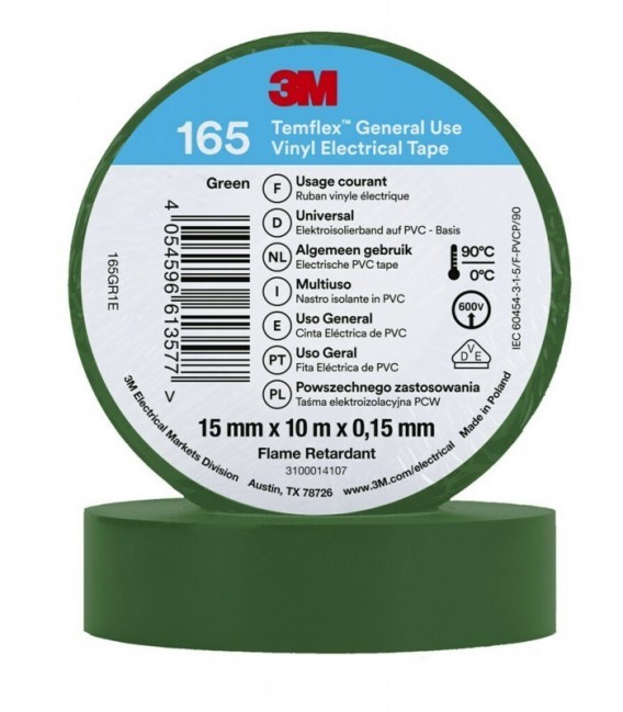 3M  Temflex 165 Vinyl insulating tape, Green, 15 mm x 10 m