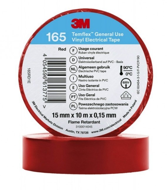 3M™ Temflex™ 165 Nastro isolante in vinile, Rosso, 15 mm x 10 m