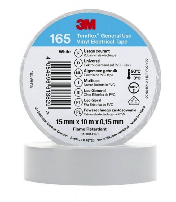 3M™ Temflex™ 165 Nastro isolante in vinile, Bianco, 15 mm x 10 m
