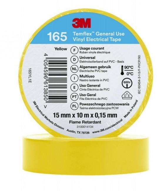 3M™ Temflex™ 165 Nastro isolante in vinile, Giallo, 15 mm x 10 m