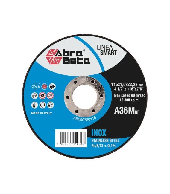 DISCHI DA TAGLIO A36M,DIAM.115X1,6X22,23 4-1/2"X1/16"X7/8",INOX ABRABETA