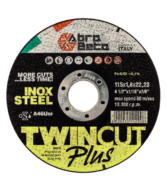 DISCHI DA TAGLIO TWINCAT A46U,DIAM.115X1.0X22.23 4 1/2" X1/16"X7/8",ACCIAIO INOX ABRABETA