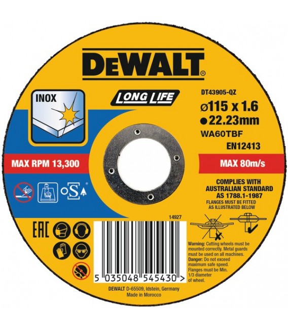 DEWALT DT43905-QZ DISCO DA TAGLIO 115X1.6X22.23 PIATTO IN ACCIAIO INOSSIDABILE