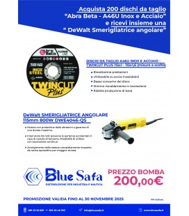 KIT DISCHI DA TAGLIO DIAM. 115   TWINCUT PLUS A46  ACCIAIO/ INOX ABRABETA + SMERIGLIATRICE ANGOLARE DEWALT DWE4056-QS 115MM 800W